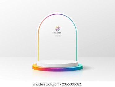 Fondo 3D con podio de cilindro blanco realista y colorido. Bandera de orgullo color arcoiris en la escena de la pared de fondo de arco. Pantalla de producto vacía de simulación mínima. Representación 3D del vector abstracto. Muestra de escenario.