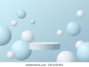 3D background realistic white cylinder pedestal podium with bounce blue balls around. Wall minimal scene. Mockup product display. Abstract geometric platforms. Stage for showcase. 3D Vector rendering.