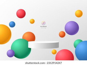 3D background realistic white cylinder podium with bounce colorful balls around. LGTOQ wall minimal scene. Mockup product display. Abstract geometric platforms. Pride stage showcase. Vector rendering.