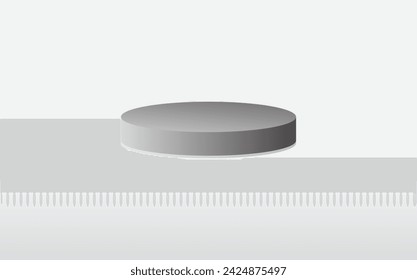 3D background with realistic white cylinder pedestal podium, Speed neon lighting wave curve lines. Futuristic minimal wall scene mockup product display. Vector abstract geometric forms.
