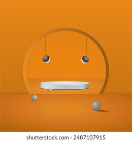 3D background of realistic white cylindrical pedestal podium on orange archway. Pastel wall minimal scene. Mockup product display. Abstract geometric platform. Stage performance. 3D vector rendering.