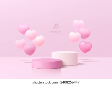 3D background with realistic white and pink cylinder podium on pastel scene. Floating Heart balloon. Platforms mockup product display presentation. Abstract composition minimal design. Stage showcase.