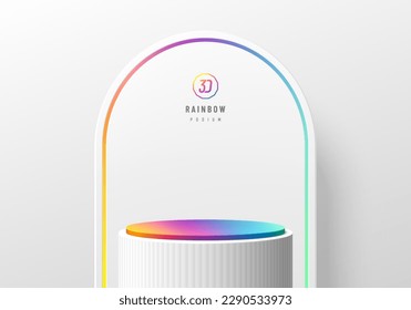 3D background with realistic white, rainbow colorful cylinder stand podium and arch wall scene. LGBTQ minimal mockup product display. Abstract geometric platforms. Stage showcase. 3D vector rendering.