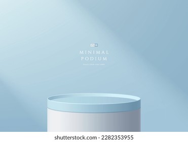 3D background with realistic white and soft blue cylinder stand pedestal podium. Abstract minimal wall scene. Pastel mockup product display. geometric platforms. Stage showcase. 3D vector rendering.