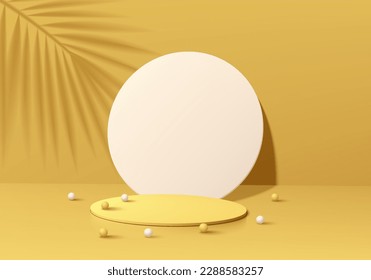 3D background with realistic yellow cylinder pedestal podium and white round glass mirror wall scene. Minimal mockup product display. Abstract geometric platforms. Stage showcase. Vector 3D rendering.