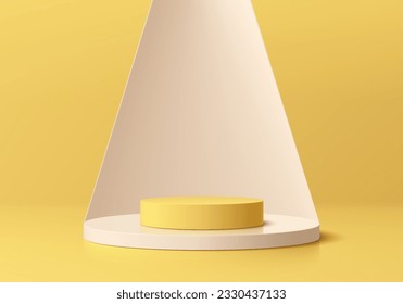 3D-Hintergrund realistisches Gelb-Weiß-Zylinder-Podium auf Rundtisch oder Tischszene. Mauer minimale Muster für kosmetische Produkte zeigen. Abstrakte 3D-Vektorgeometrien. Stufenvorführung.