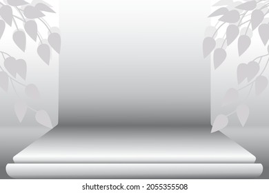 3d renderización de fondo con podio gris, hojas. Representación de escena para el producto en una plataforma moderna. Presentación, maquillaje, escena, stand to show product. Escenario de exhibición en el estudio de pantalla peatonal gris. Vector