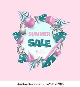 3d background. 3d rendered illustration with flying geometric shapes and tropical leaves. Summer sale background. Balls, cylinders, pink and metallic silver. Summer