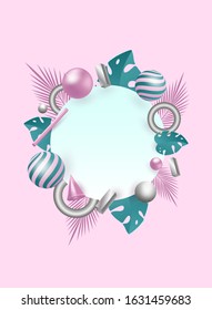 3d background. 3d rendered illustration with flying geometric shapes and tropical leaves. Background for product design or text presentation layout. Summer background. Vector