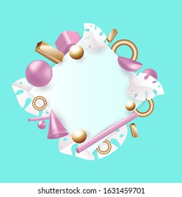 3d background. 3d rendered illustration with flying geometric shapes and tropical leaves. Summer background. Balls, cylinders, pink and metallic silver. Vector
