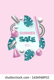 3d background. 3d rendered illustration with flying geometric shapes and tropical leaves. Background for product design or text presentation layout. Balls, cylinders, pink and metallic silver. Summer