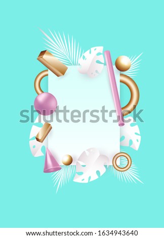 3d background. 3d rendered illustration with flying geometric shapes and tropical leaves. Summer background. Balls, cylinders, pink and metallic silver. Vector