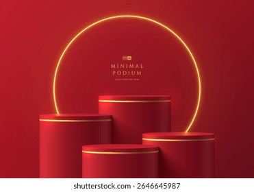 3D background with set of dark red round product podium with glow golden ring neon lighting. Abstract composition in minimalist design. Platforms mockup product display presentation. Stage showcase.