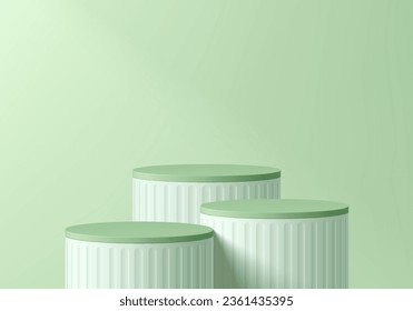 3D background. Set of level white and green cylinder pedestal podium with natural light wall scene. Platforms mockup product display presentation. Abstract composition minimal design. Stage showcase.