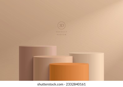 3D-Hintergrund mit realistischem Beige-, Braun- und Orangenzylinder-Podium. Abstrakte minimale Wandszene. Sortieren Sie die Produktanzeige. geometrische Plattformen. Stufe für die Präsentation. 3D-Vektorgrafik.