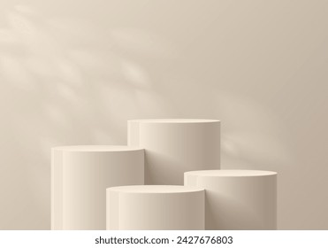 3D background with set of realistic beige cylinder podium pedestal and natural leaf light scene. Abstract composition in minimal design. Platforms mockup product display presentation. Stage showcase.