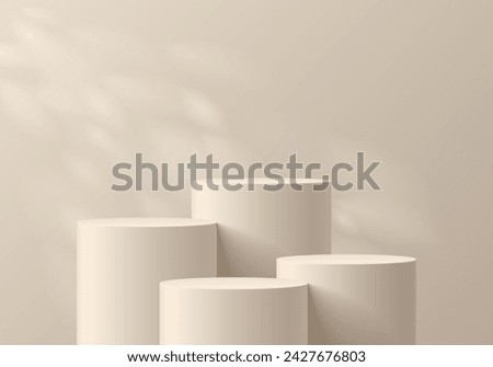 3D background with set of realistic beige cylinder podium pedestal and natural leaf light scene. Abstract composition in minimal design. Platforms mockup product display presentation. Stage showcase.