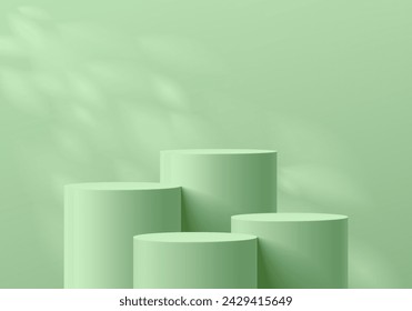 3D background with set of realistic green cylinder product podium and natural leaf light scene. Abstract composition in minimal design. Platforms mockup product display presentation. Stage showcase.