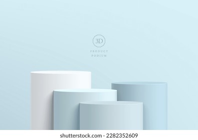 3D background with set of realistic white and soft blue cylinder pedestal podium. Abstract minimal wall scene. Pastel mockup product display. geometric platforms. Stage showcase. 3D vector rendering.