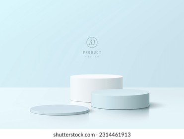 3D background with set of realistic white and blue level cylinder pedestal podium. Wall minimal mockup cosmetic product display. Abstract geometric platforms. Round stage showcase. Vector 3D rendering