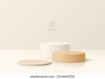 3D background with set of realistic white, beige and brown cylinder pedestal podium. Wall minimal mockup cosmetic product display. Abstract geometric platforms. Round stage showcase. Vector rendering.