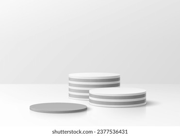 3D background with set of realistic white and black cylinder pedestal podium on clean wall scene. Platforms mockup product display presentation. Abstract composition in minimal design. Stage showcase.