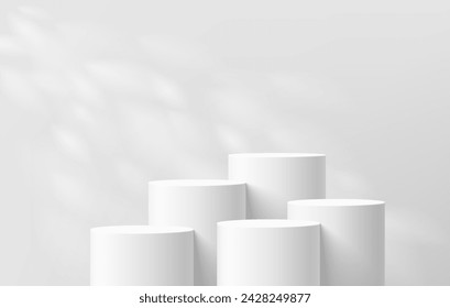 3D background with set of realistic white cylinder podium pedestal and natural leaf light scene. Abstract composition in minimal design. Platforms mockup product display presentation. Stage showcase.