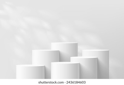 3D background with set of realistic white cylinder podium pedestal and natural leaf light scene. Abstract composition in minimal design. Platforms mockup product display presentation. Stage showcase.