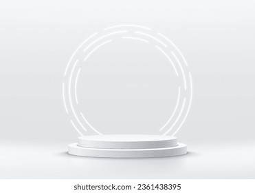 3D background with silver cylinder pedestal podium and glowing circle neon lighting wall scene. Platforms mockup product display presentation. Abstract composition in minimal design. Stage showcase.