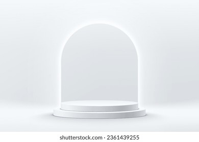 3D background with silver cylinder pedestal podium and glowing neon lighting arch shape scene. Platforms mockup product display presentation. Abstract composition in minimal design. Stage showcase.