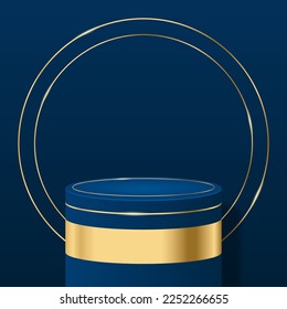 3D background with stand podium. Blue gold with luxury golden circle ring scene. 3D product display background. Cylindrical gold and blue podium. Vector illustration