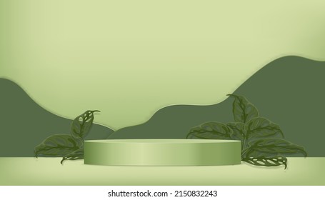 3d background studio, podium display scene with palm leaf on green paper cut,Vector 3d stand showcase for cosmetic products,Minimal backdrop design pedestal display for Spring,Summer sale banner