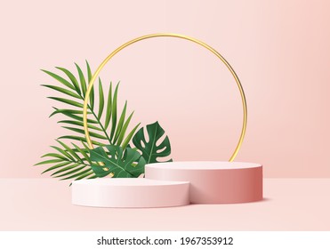 Los productos de fondo 3d muestran la escena del podio con plataforma geométrica de hoja verde. representación 3d del vector de fondo con podio. se puede mostrar el producto cosmético. Muestra de escenario en el estudio peatonal de pantalla rosa