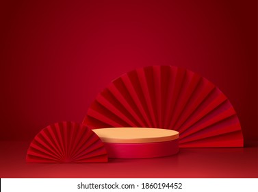 3d background template with the stage podium and red fans as the decoration, suitable for Asian products