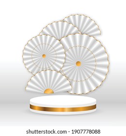 3d background template with the stage podium and white fans gold decoration white background,illustration EPS10.