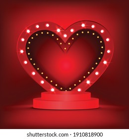 3d background template with the stage podium and Light bulbs vintage neon glow heart frame vector illustration EPS10.