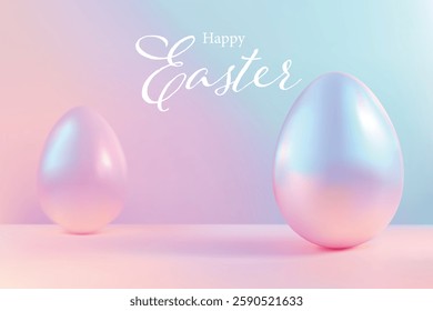 3D background Vector A "Happy Easter" design featuring glossy, iridescent Easter eggs and pastel colors. It's perfect for Easter greetings, invitations, or decorations. 