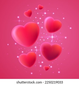 3d background with volumetric hearts and shining sparkles. Design concept banner for Valentine's Day