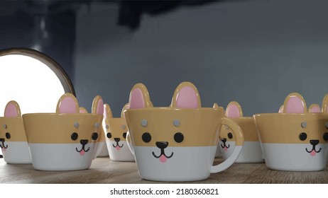 3d background, water glass, Shiba dog pattern