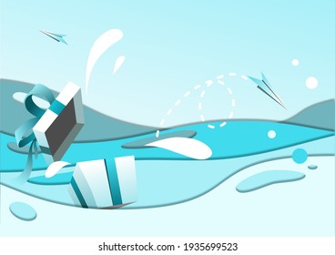 3D Background White and Blue Gift Box Open in Blue Waves Water Sea Paper Cut paper Art Vector
