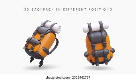 3D backpack in different positions. Orange tourist rucksack for hiking. Color vector image in cartoon style. Modern tourist equipment on white background