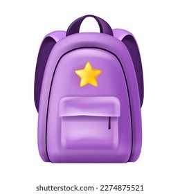 Icono de mochila 3D, ilustración de bolsos escolares vectoriales, caricatura de material de viaje para niños de educación estudiantil. Niños acampando equipaje de excursión paquete de la universidad equipaje de alumno realista. mochila de la universidad de aventura 3D