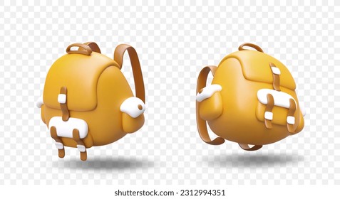 3D backpack, view from different sides. Isolated illustration. Bag with shoulder straps. School and student accessories. Vector backpack in cartoon style