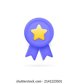 3d badge with ribbons and a star. premium quality mark. vector illustration isolated on white background.