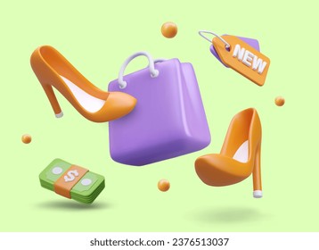 3D bag with handles, women shoes, bundle of banknotes, label marked new. Floating vector objects. Color concept of updating assortment in store. Unbranded bag, mockup