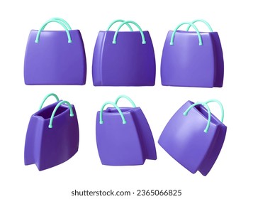 3D bag set. For different discounts and sales. Purple colour bags with different angles. Isolated 3D vector illustration on white background. 