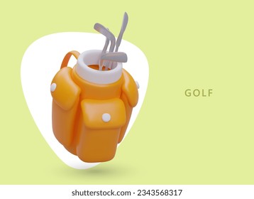 3D bag with set of golf clubs. Special backpack for sports accessories. Equipment rental. Coach, assistant services. Expensive outdoor hobby. Training on golf course