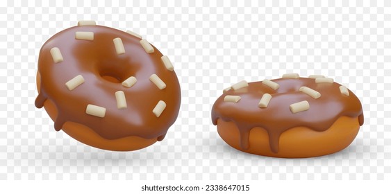 3D bagels with chocolate glaze and sprinkles. Front and side view donut. Color isolated image. Sweet fast food. Vector icons for application, site, menu, booklet, flyer