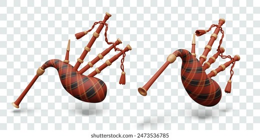 3D bagpipes in different positions. Musical ethnic wind instrument