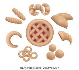 3D bakery products. Croissants buns pastries sweet pie cheesecake cream cone isolated vector illustration